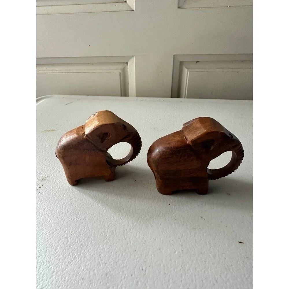 Vintage Mid Century Modern Carved 2 Wood Elephant Napkin Rings Holders Set